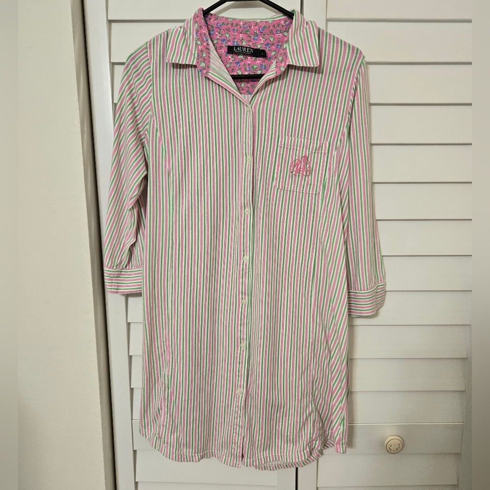 Lauren Ralph Lauren Pajama Womens Size L Pink Green Striped Gown Long Sleeve - Picture 2 of 13